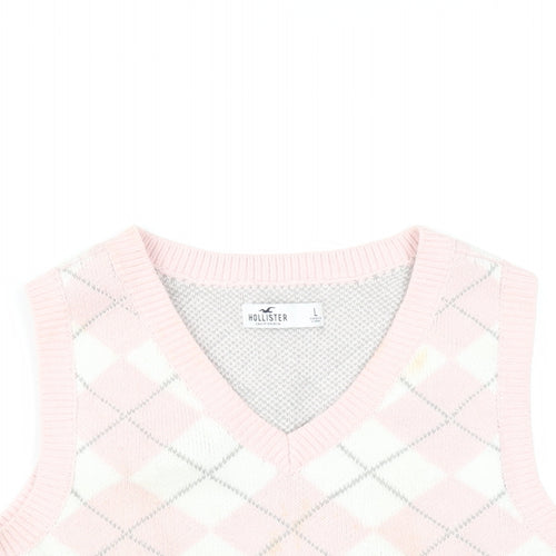 Hollister Womens Pink V-Neck Argyle/Diamond Cotton Vest Jumper Size L