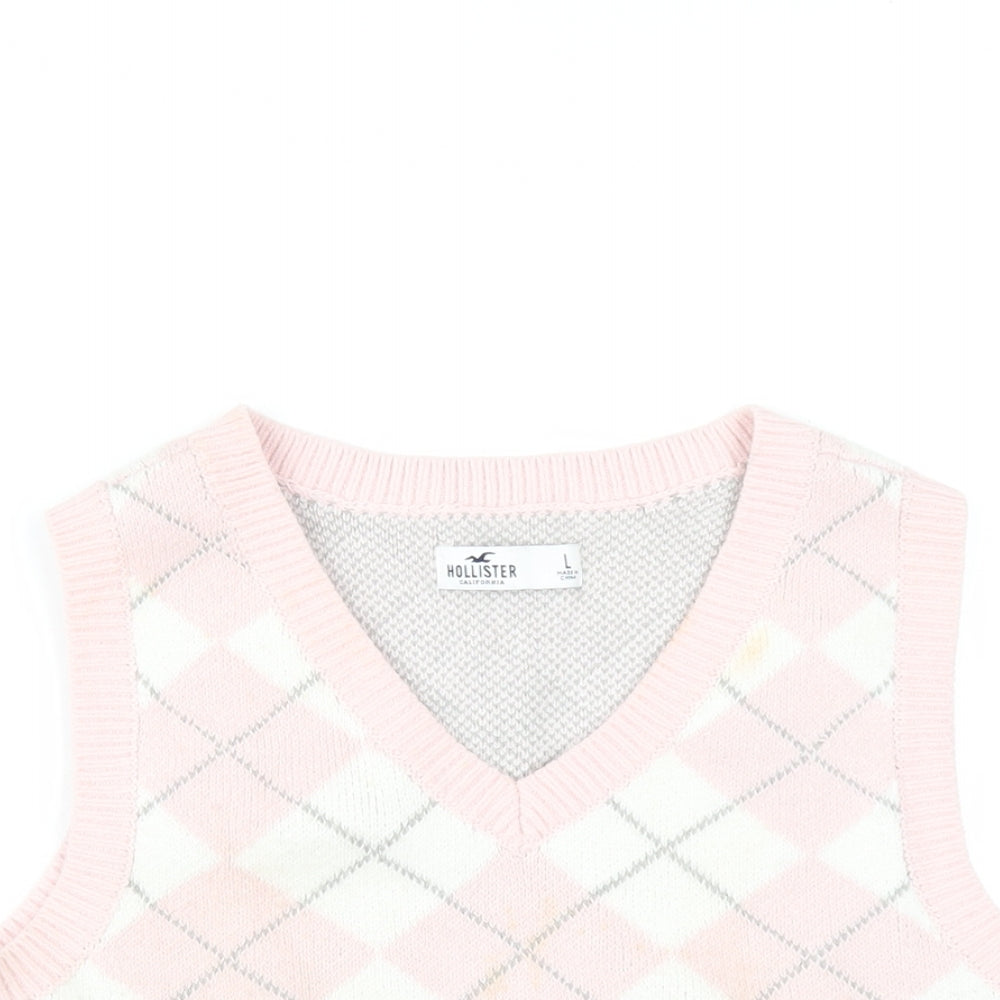 Hollister Womens Pink V-Neck Argyle/Diamond Cotton Vest Jumper Size L