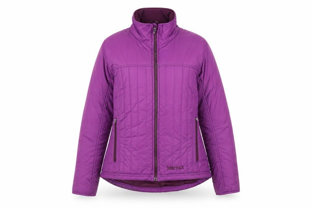 Front view of Marmot women’s purple puffer jacket coat, size S, zip