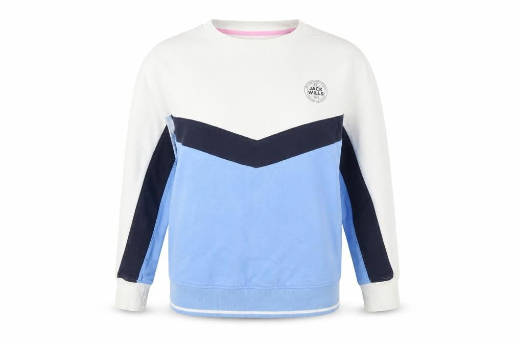 Front view of Jack Wills women’s blue cotton pullover sweatshirt, size UK 8, pullover