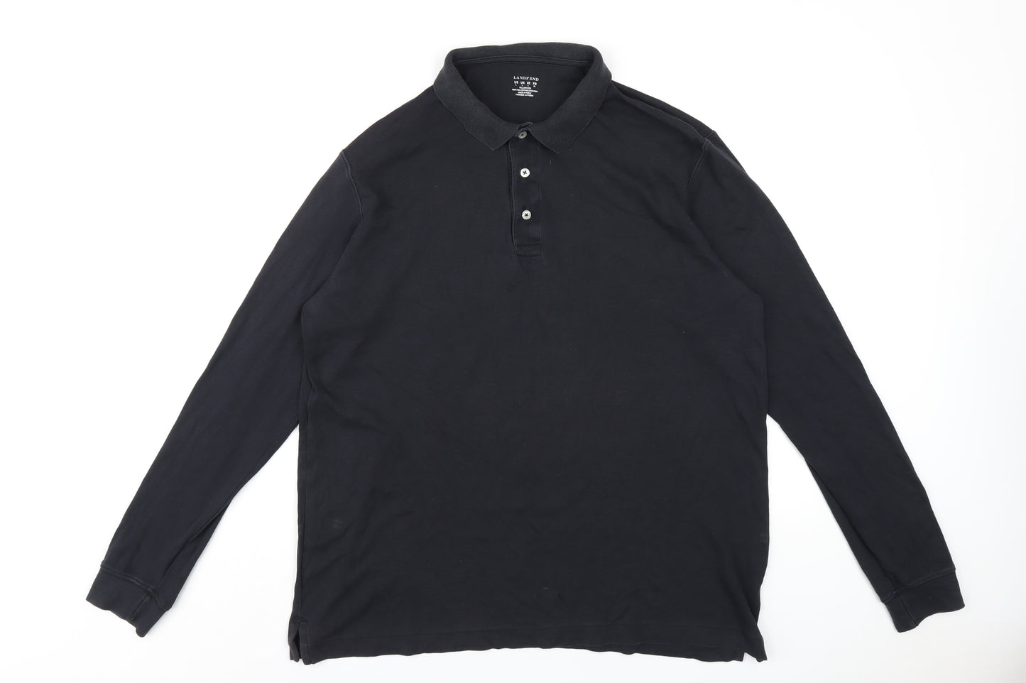 Lands' End Mens Black Cotton Polo Size L Collared Button