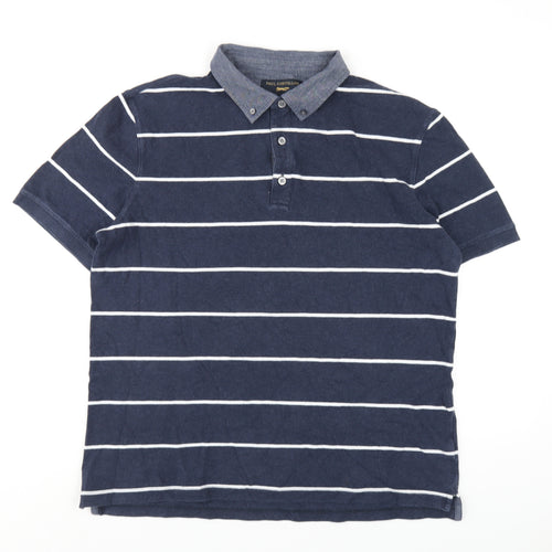 Paul Costelloe Mens Blue Striped Cotton Polo Size XL Collared Button