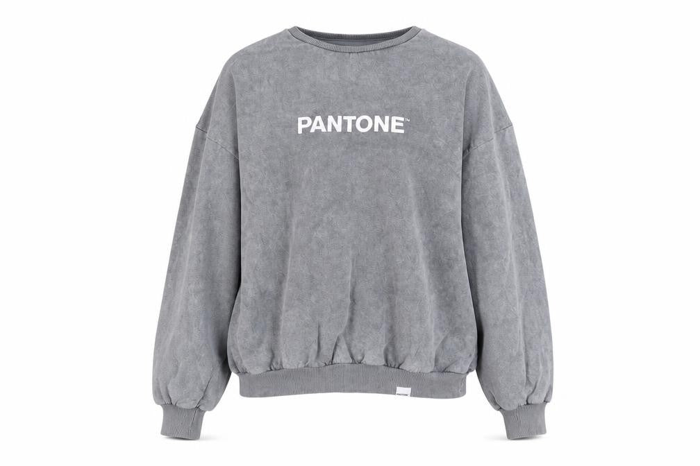Front view of Pantone women’s grey cotton pullover sweatshirt, size UK 10, pullover