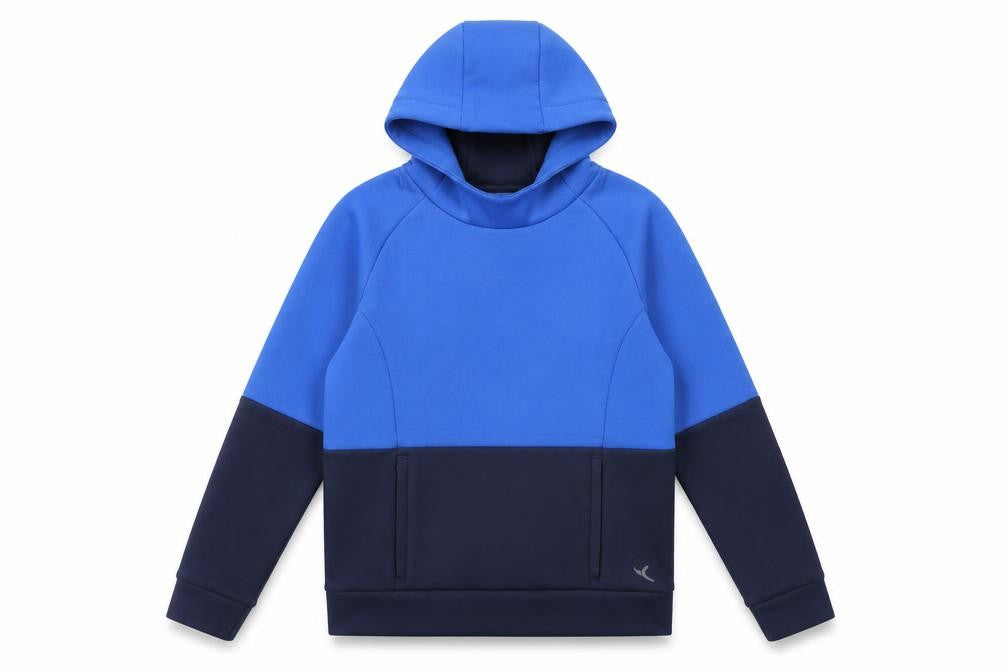 Front view of Decathlon boys’ blue polyester pullover hoodie, size 12-13, years pullover