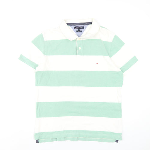 Tommy Hilfiger Mens Green Striped Cotton Polo Size 2XL Collared Button