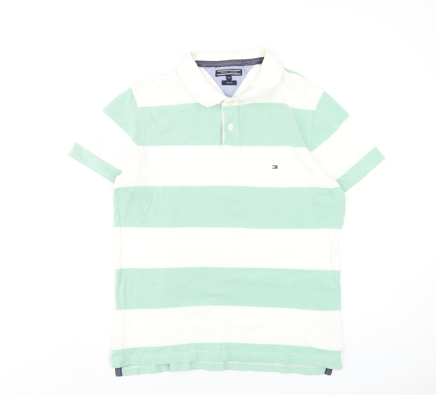 Tommy Hilfiger Mens Green Striped Cotton Polo Size 2XL Collared Button