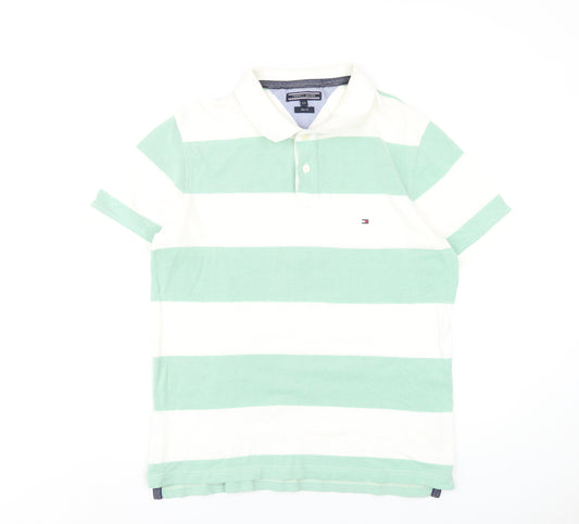 Tommy Hilfiger Mens Green Striped Cotton Polo Size 2XL Collared Button