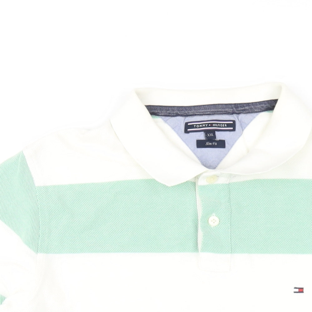 Tommy Hilfiger Mens Green Striped Cotton Polo Size 2XL Collared Button