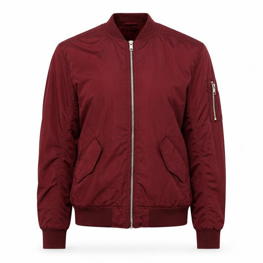 Front view of H&M women’s red jacket, size UK 8, zip