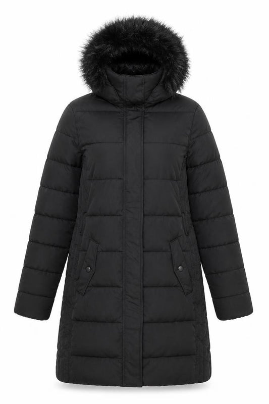 Front view of Warehouse women’s black parka jacket, size UK 10, zip
