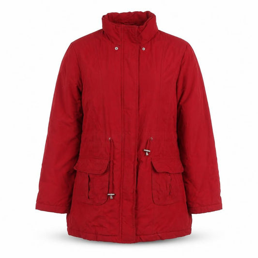 Front view of BHS women’s red parka jacket, size UK 10, zip