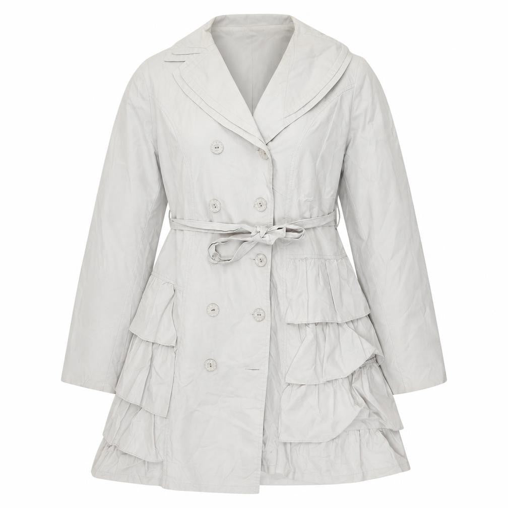 Front view of Tsega women’s grey trench coat jacket, size UK 12, button