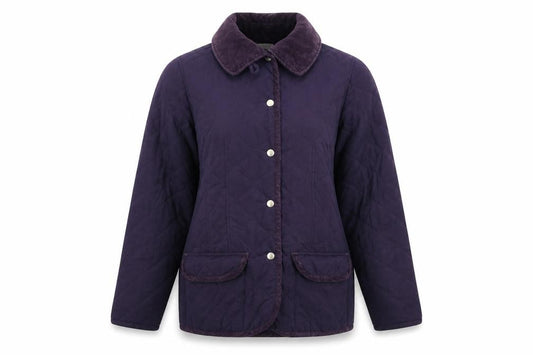 Front view of Jumper women’s purple quilted jacket, size M, snap