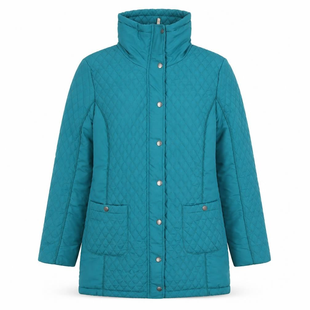 Front view of First Avenue women’s blue quilted coat, size S, zip