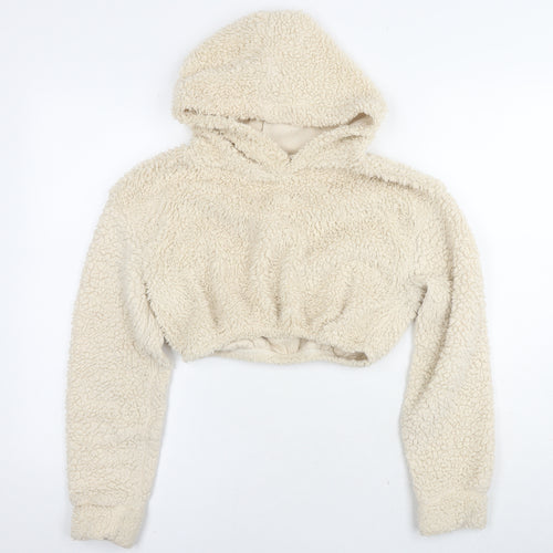 PRETTYLITTLETHING Womens Beige Polyester Pullover Hoodie Size S Pullover - Teddy Fleece Cropped