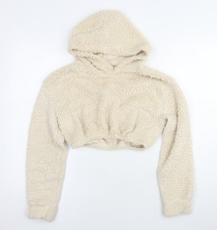 PRETTYLITTLETHING Womens Beige Polyester Pullover Hoodie Size S Pullover - Teddy Fleece Cropped