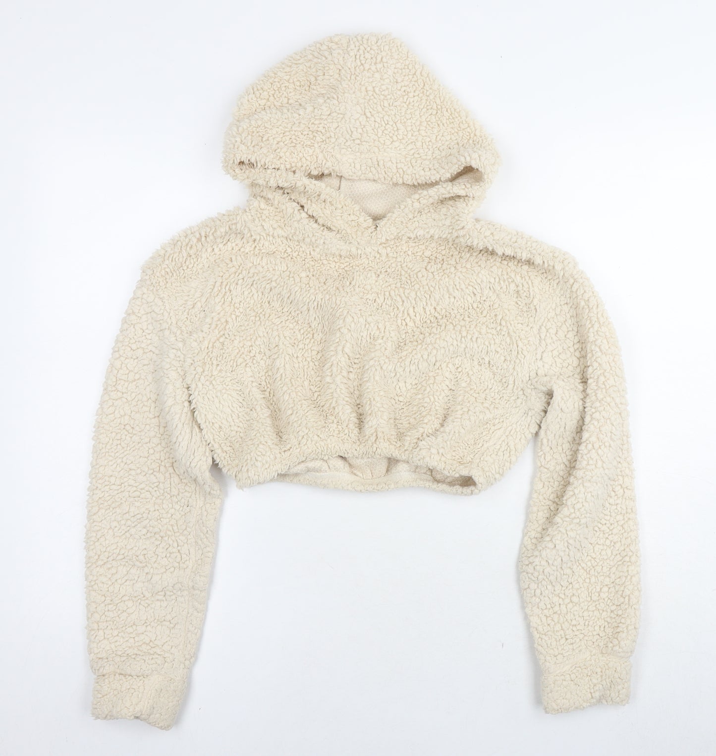 PRETTYLITTLETHING Womens Beige Polyester Pullover Hoodie Size S Pullover - Teddy Fleece Cropped
