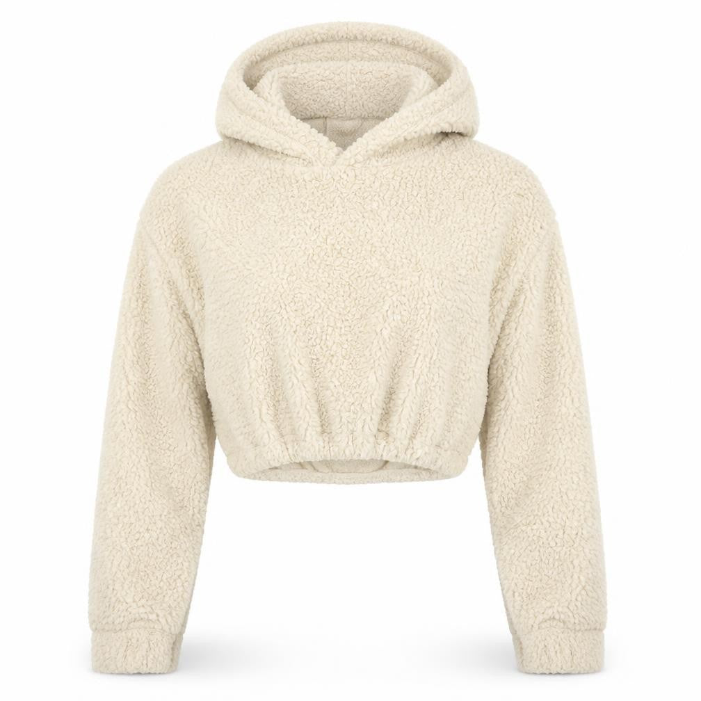 Front view of PRETTYLITTLETHING women’s beige polyester pullover hoodie, size S, pullover - teddy fleece cropped
