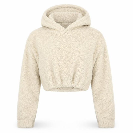 Front view of PRETTYLITTLETHING women’s beige polyester pullover hoodie, size S, pullover - teddy fleece cropped
