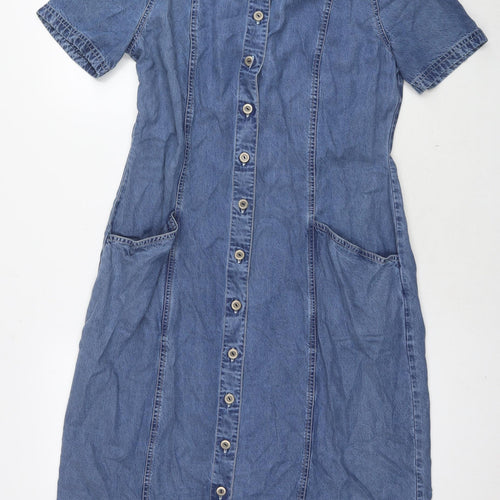 St Michael Womens Blue Lyocell Shirt Dress Size 14 Collared Button