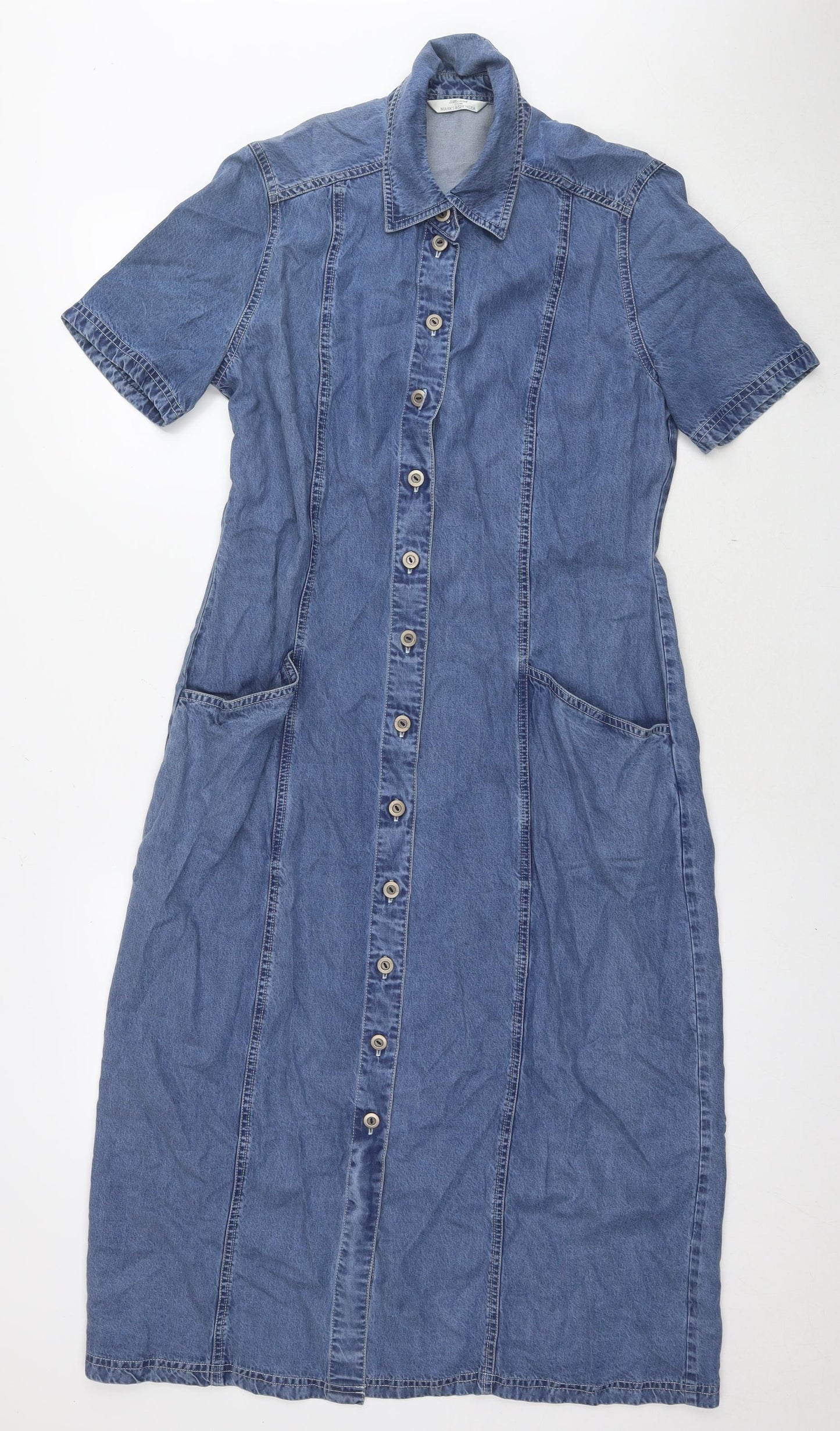 St Michael Womens Blue Lyocell Shirt Dress Size 14 Collared Button