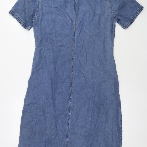 St Michael Womens Blue Lyocell Shirt Dress Size 14 Collared Button