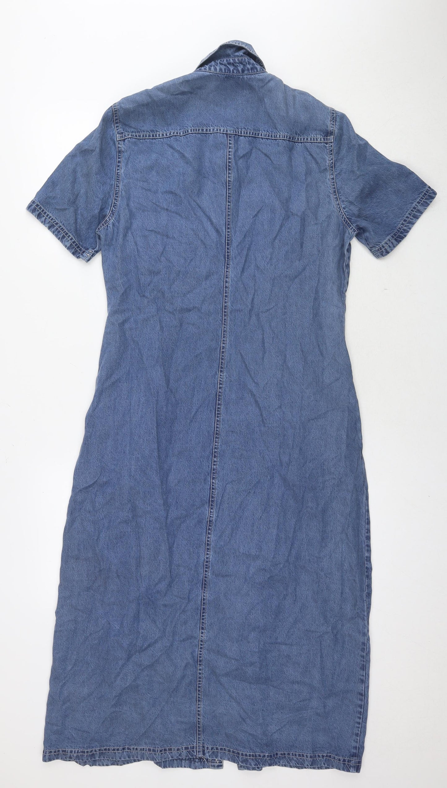 St Michael Womens Blue Lyocell Shirt Dress Size 14 Collared Button