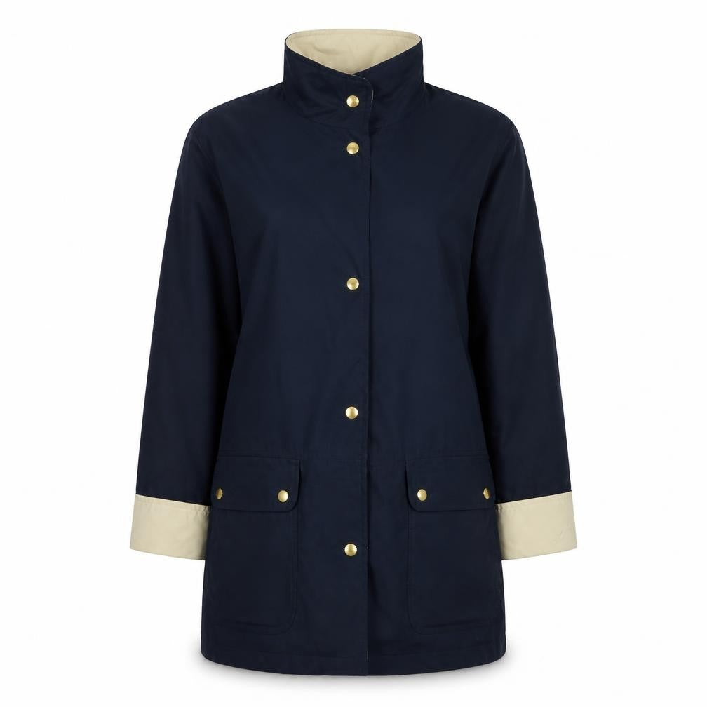 Front view of Marks & Spencer women’s blue trench coat coat, size UK 10, zip