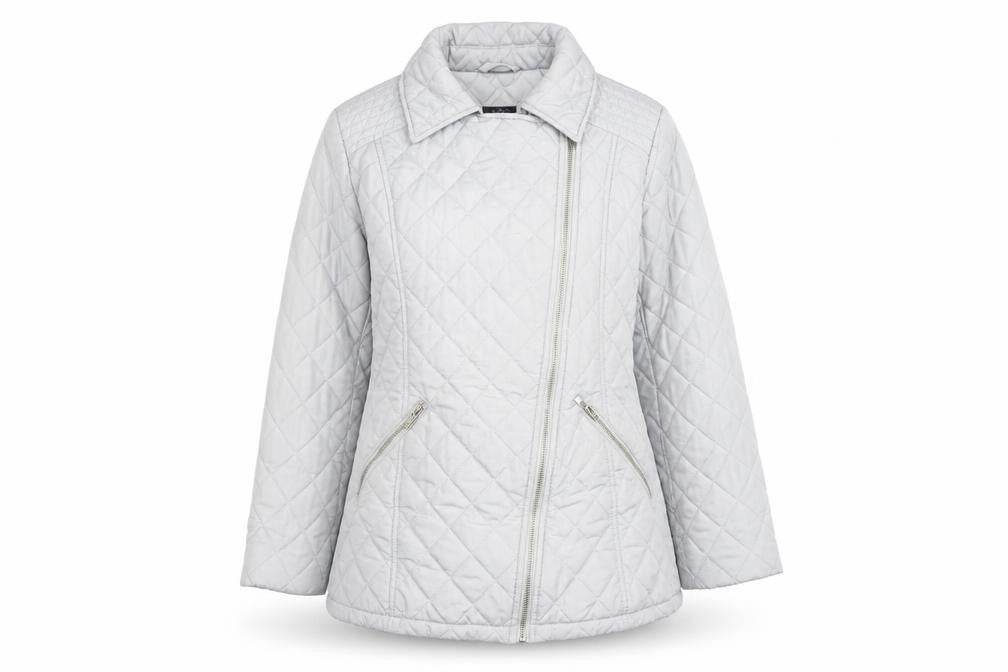 Front view of Marks & Spencer women’s grey quilted jacket, size UK 12, zip