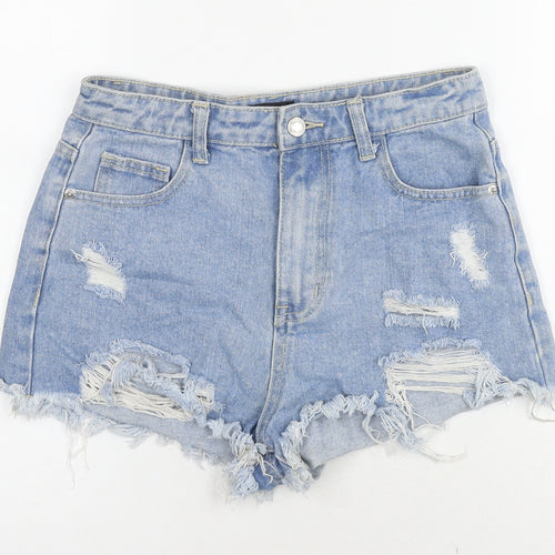 PRETTYLITTLETHING Womens Blue Cotton Hot Pants Shorts Size 6 L3 in Regular Zip - Distressed