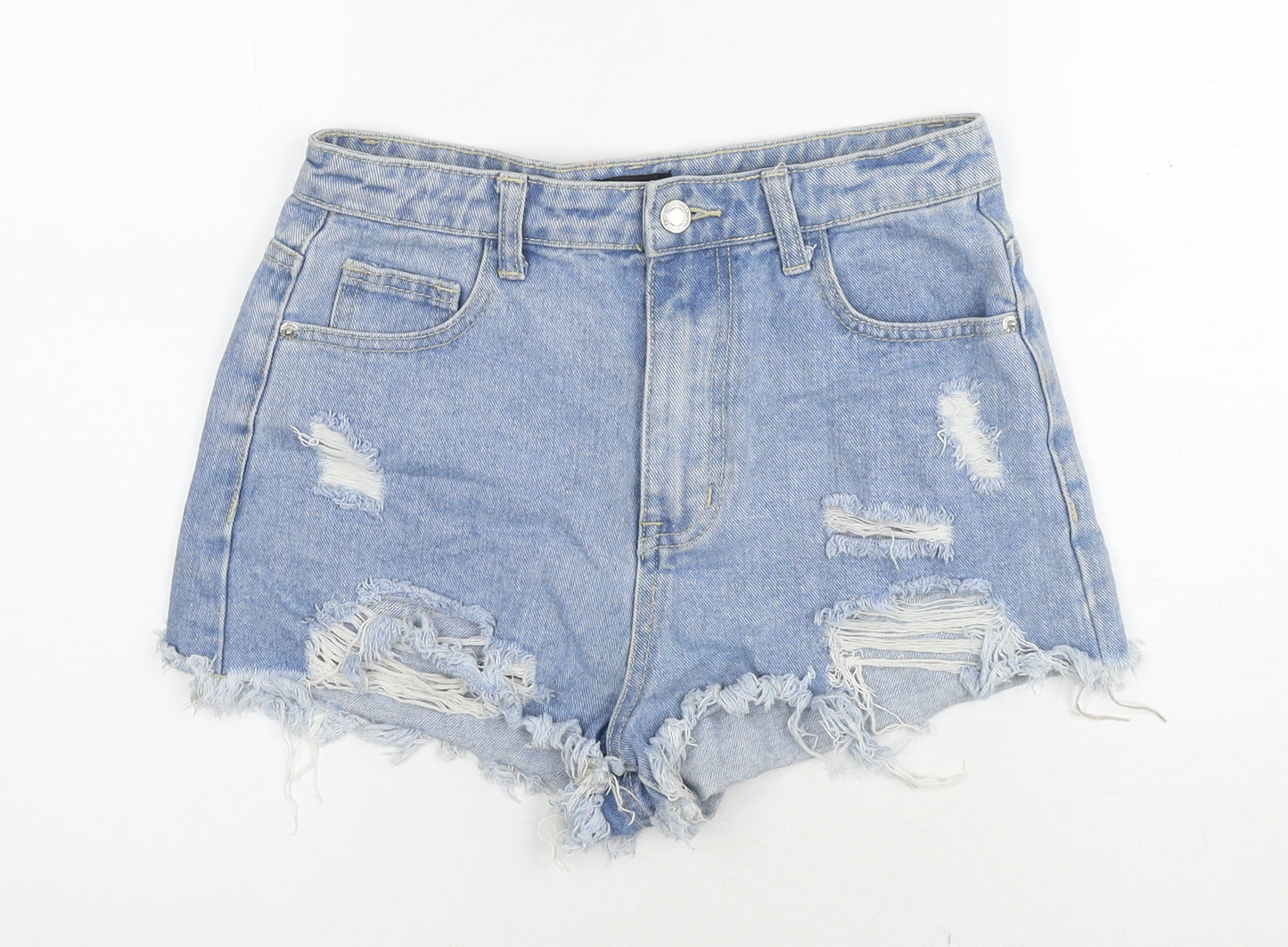 PRETTYLITTLETHING Womens Blue Cotton Hot Pants Shorts Size 6 L3 in Regular Zip - Distressed