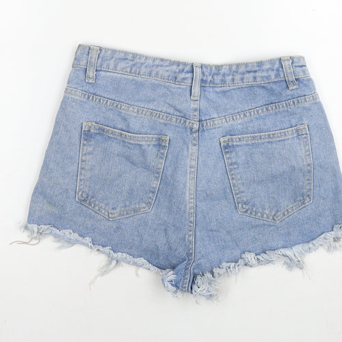 PRETTYLITTLETHING Womens Blue Cotton Hot Pants Shorts Size 6 L3 in Regular Zip - Distressed