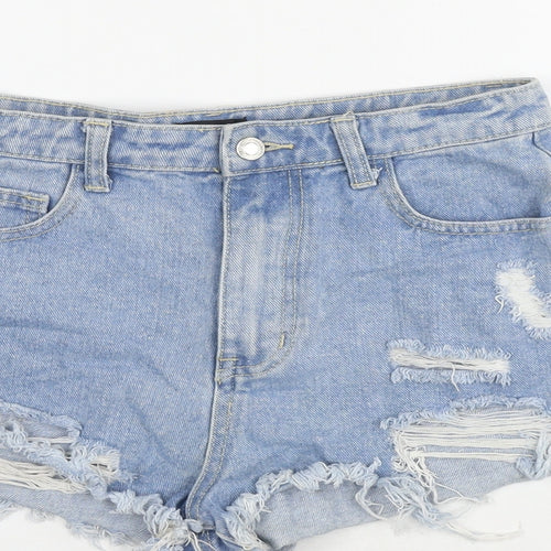 PRETTYLITTLETHING Womens Blue Cotton Hot Pants Shorts Size 6 L3 in Regular Zip - Distressed