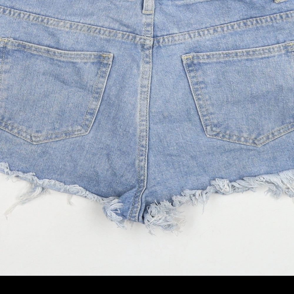 PRETTYLITTLETHING Womens Blue Cotton Hot Pants Shorts Size 6 L3 in Regular Zip - Distressed