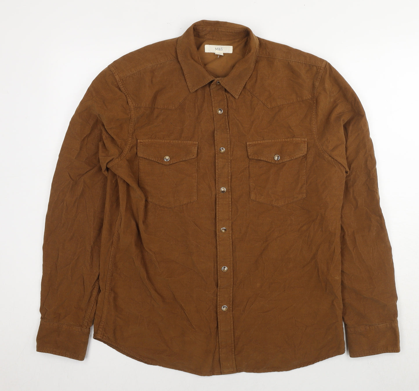 Marks and Spencer Mens Brown Cotton Button-Up Size M Collared Snap