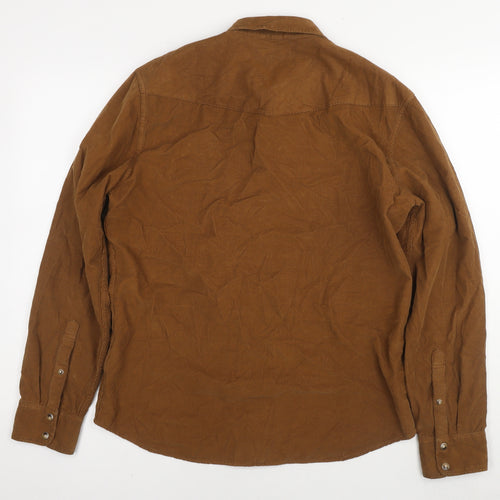 Marks and Spencer Mens Brown Cotton Button-Up Size M Collared Snap