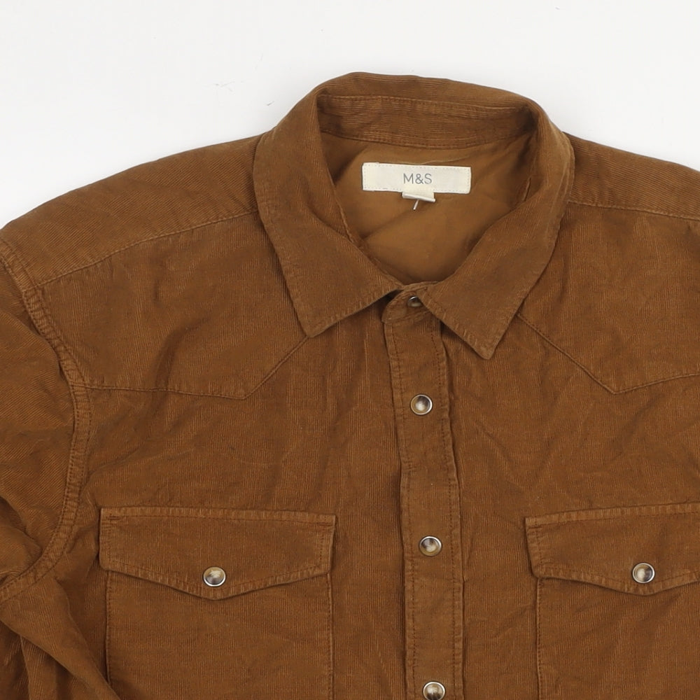 Marks and Spencer Mens Brown Cotton Button-Up Size M Collared Snap