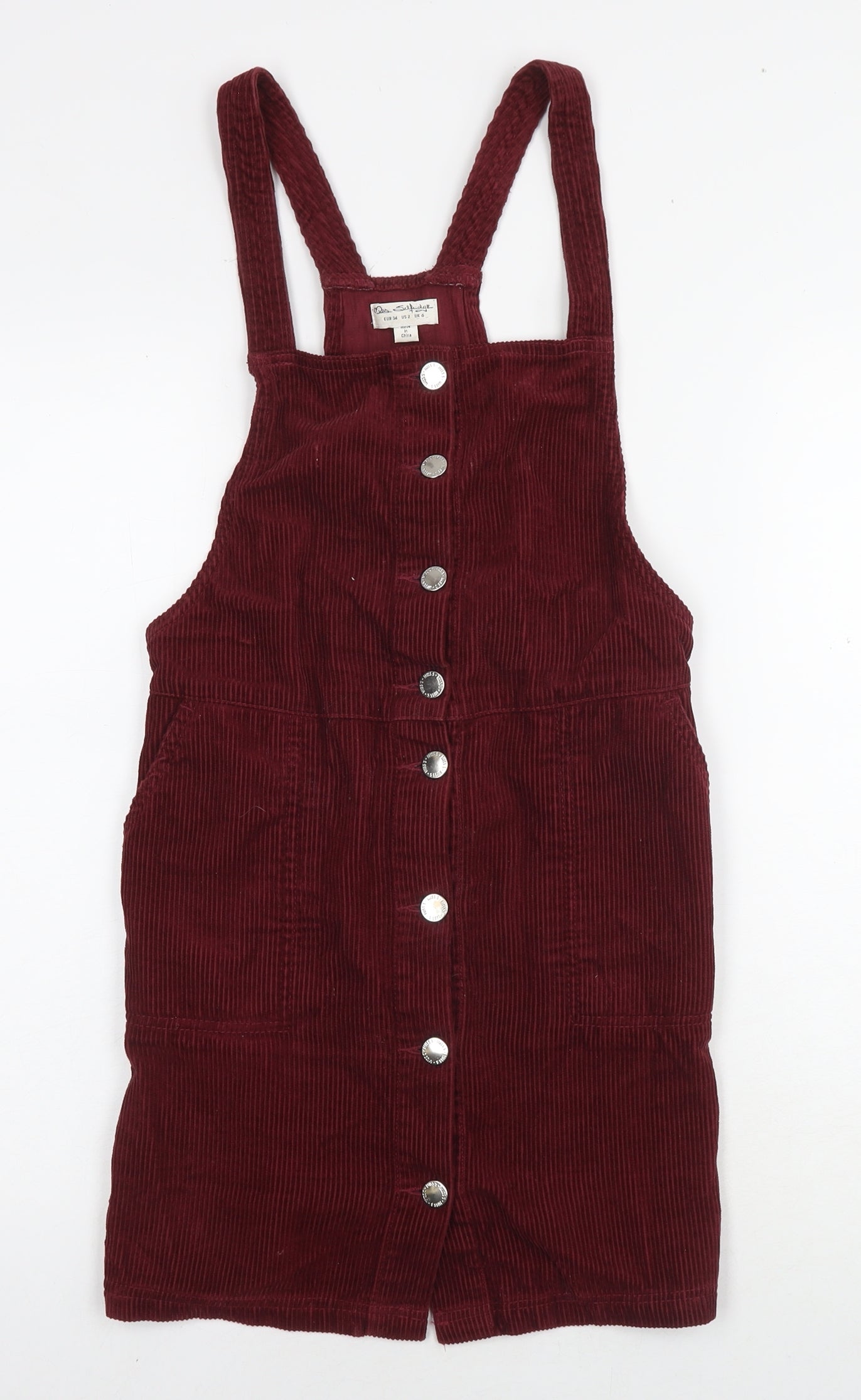 Miss Selfridge Womens Red Cotton Pinafore/Dungaree Dress Size 6 Square Neck Button