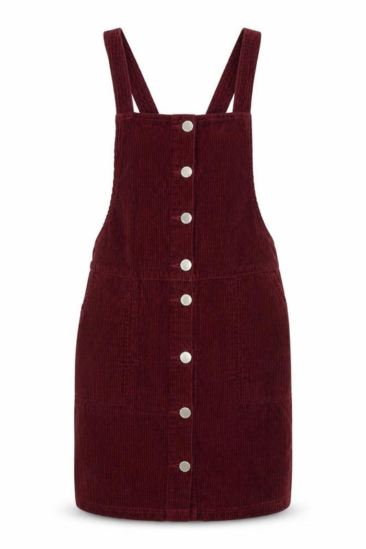 Front view of Miss Selfridge women’s red cotton pinafore/dungaree dress, size UK 6, square neck button