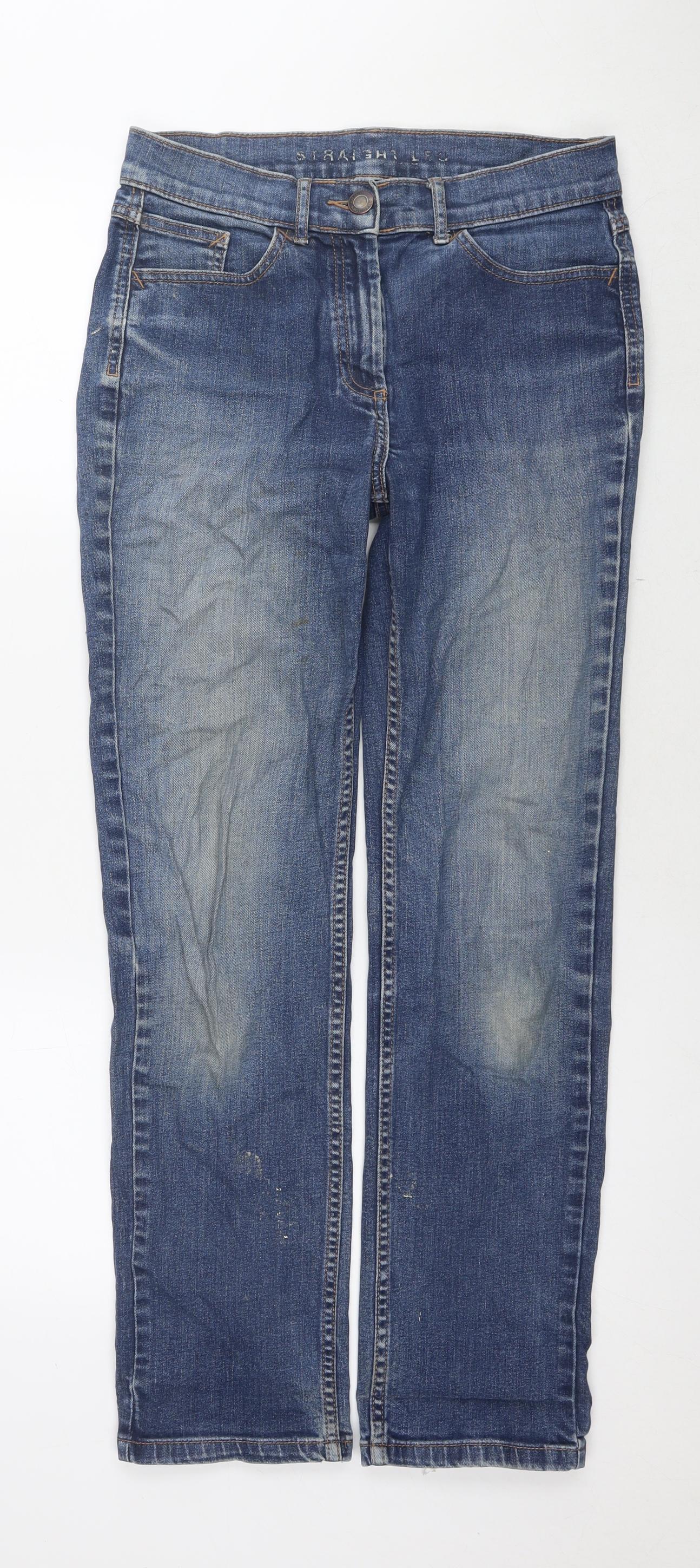 Marks and Spencer Womens Blue Cotton Straight Jeans Size 10 L28 in Regular Zip