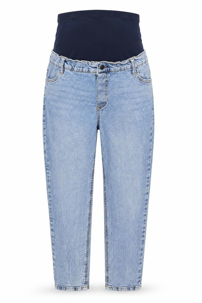 Front view of ASOS women’s blue cotton mom jeans, size UK 8, 28-inch leg regular button