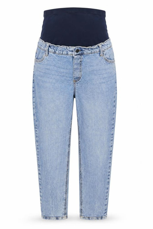 Front view of ASOS women’s blue cotton mom jeans, size UK 8, 28-inch leg regular button