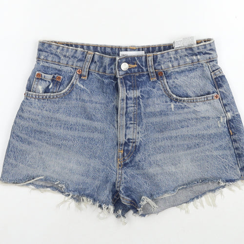 Zara Womens Blue Cotton Cut-Off Shorts Size 8 L3 in Regular Zip