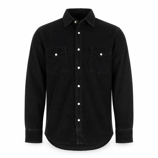 Front view of POP men’s black cotton button-up, size S, collared snap