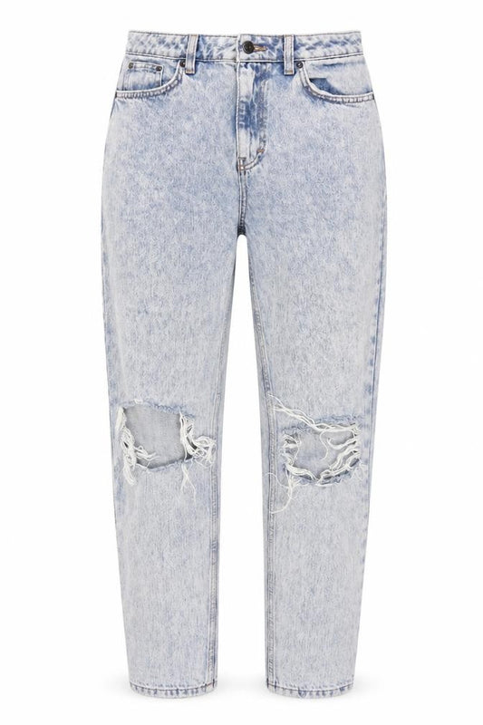 Front view of Topshop women’s blue cotton mom jeans, size UK 28, in, 32-inch leg regular zip