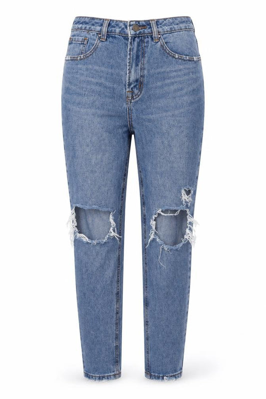 Front view of Topshop women’s blue cotton mom jeans, size UK 10, 26-inch leg regular zip
