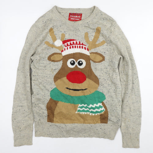 Pull&Bear Womens Beige Round Neck Acrylic Pullover Jumper Size S - Christmas Reindeer