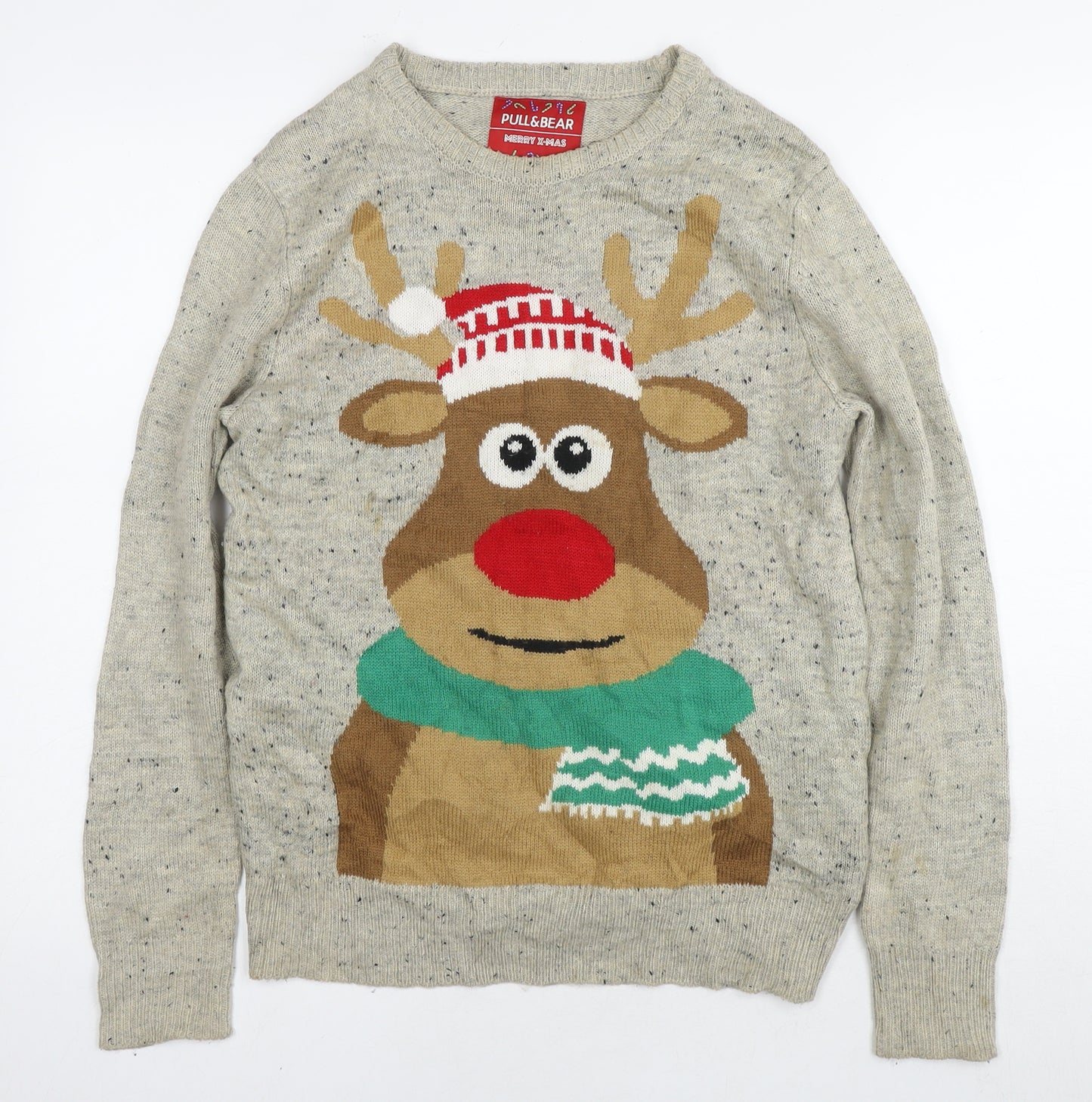 Pull&Bear Womens Beige Round Neck Acrylic Pullover Jumper Size S - Christmas Reindeer