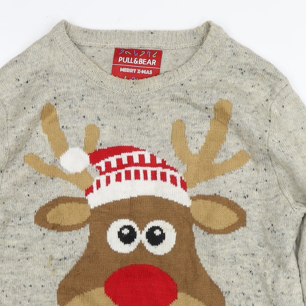 Pull&Bear Womens Beige Round Neck Acrylic Pullover Jumper Size S - Christmas Reindeer