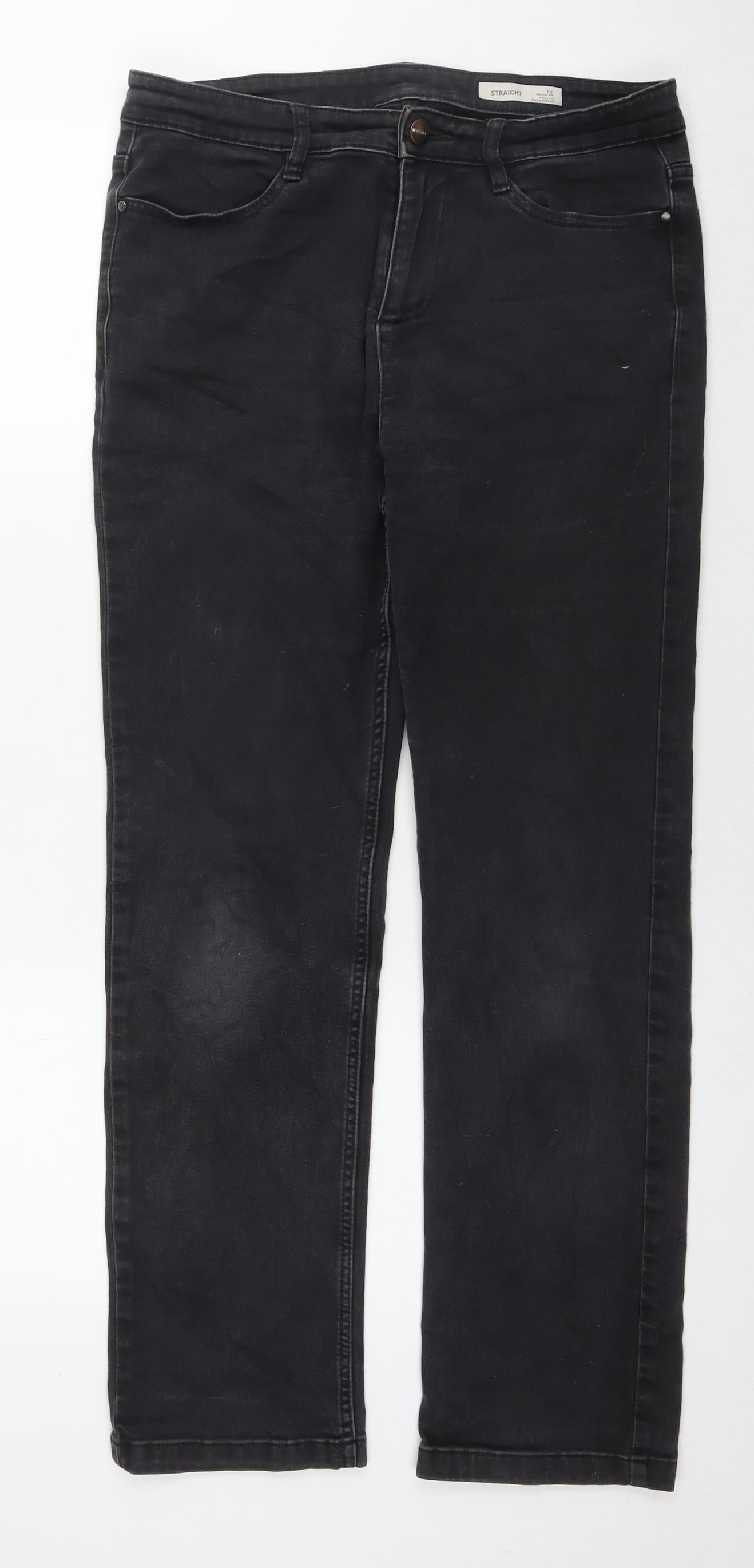 Marks and Spencer Womens Black Cotton Straight Jeans Size 12 L26 in Regular Zip